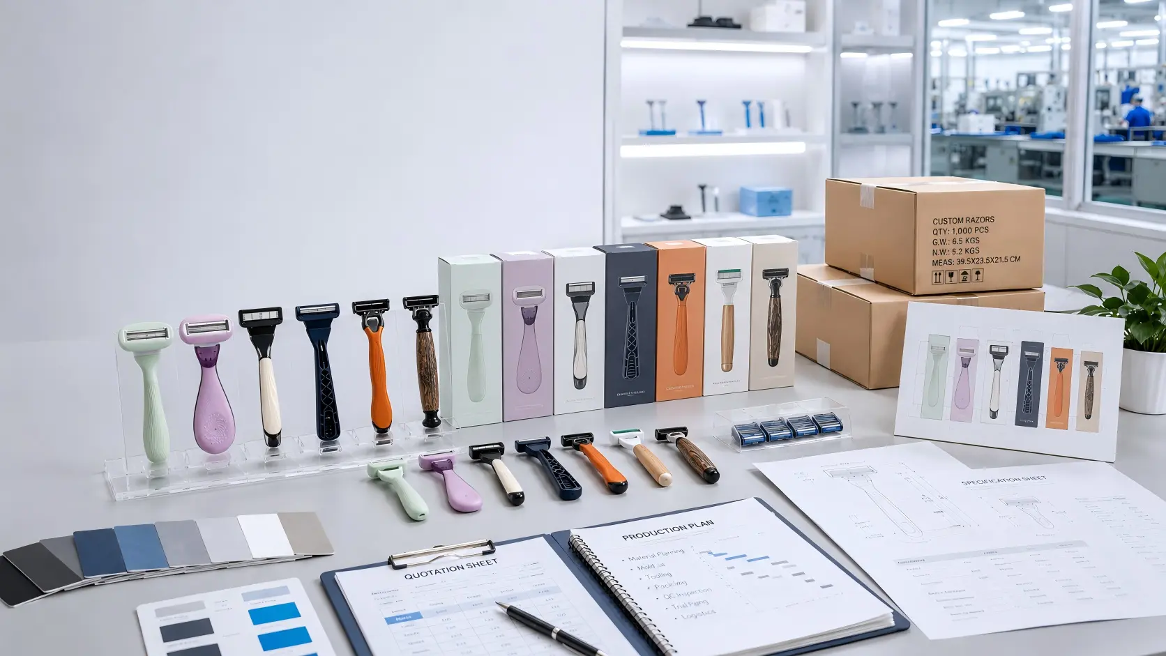 Échantillons de rasoir personnalisés, options d'emballage et documents de planification des stocks pour évaluer les quantités de commandes OEM