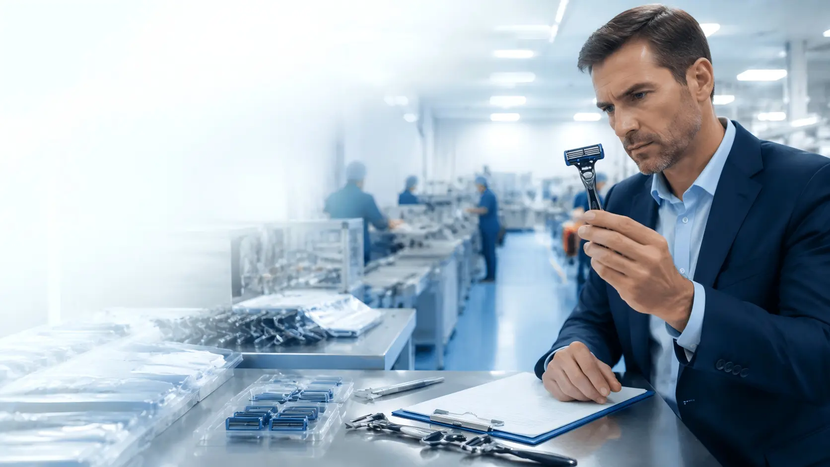Responsable des achats évaluant des échantillons de rasoirs, des documents de qualité et des capacités de production dans une installation de fabrication de rasoirs OEM.