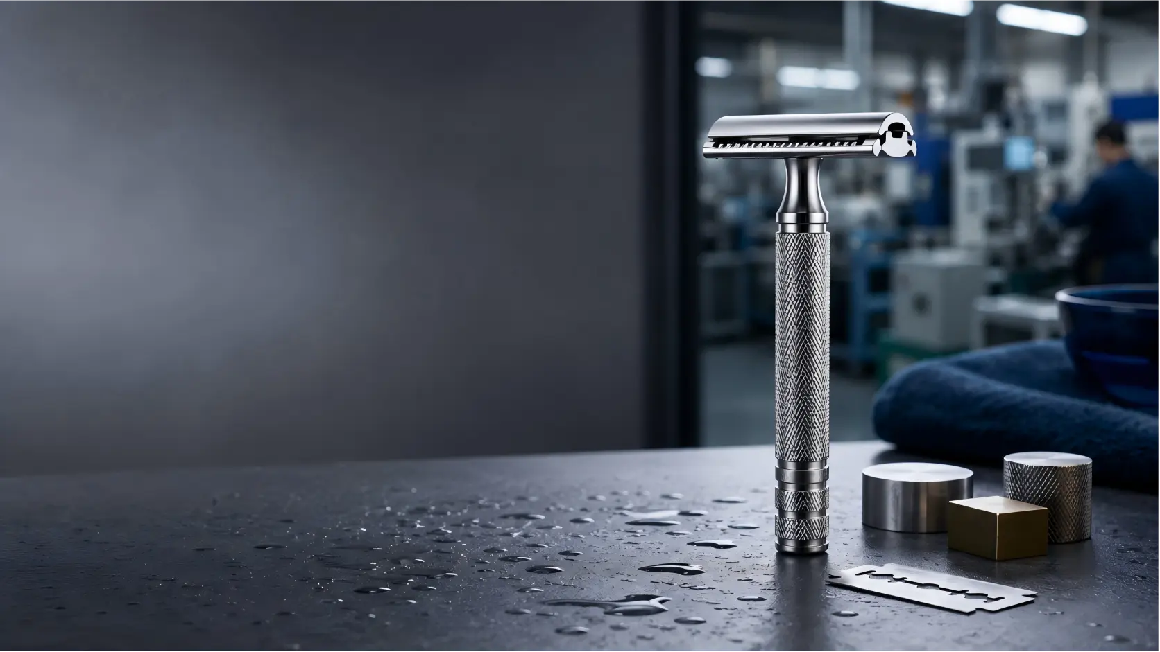 Rasoir de sécurité double tranchant premium avec une lame de remplacement et des échantillons en métal, représentant un fabrication OEM et ODM personnalisable pour les marques de soins pour hommes.