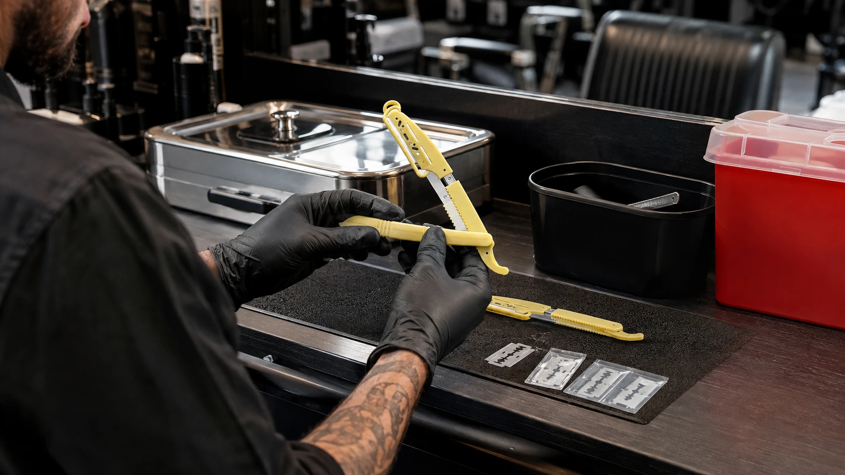 Sistema de shavette para barberías profesional diseñado para la higiene y un rápido cambio de clientes