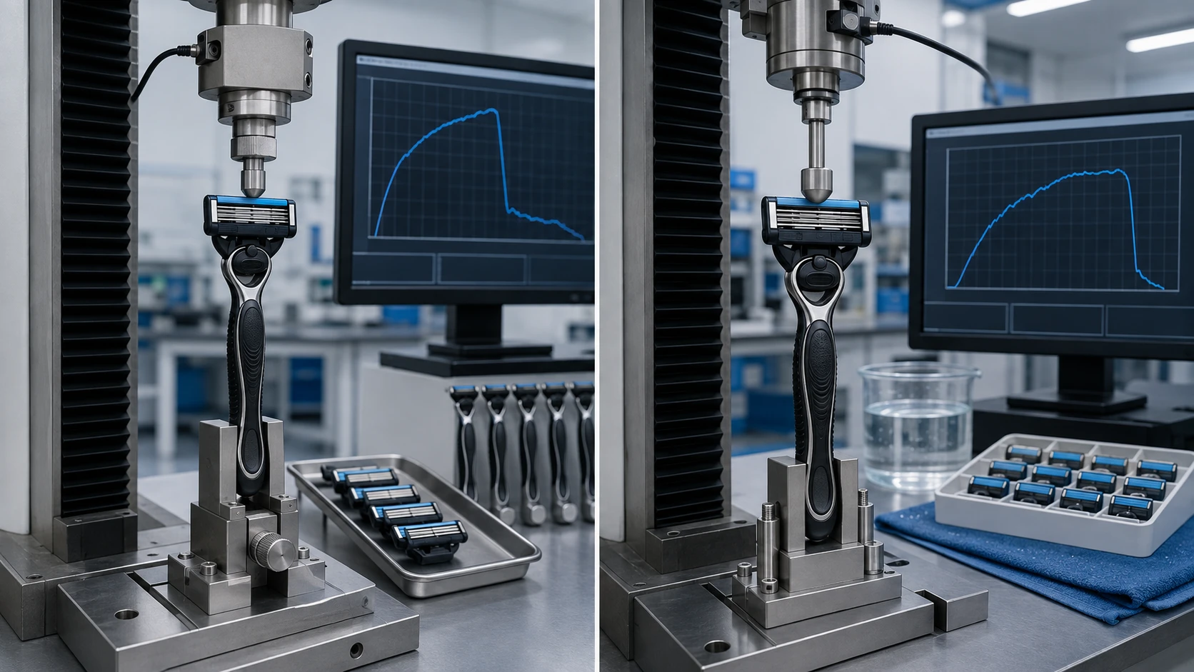 Razor pull-off test measuring cartridge release force under dry and wet conditions
