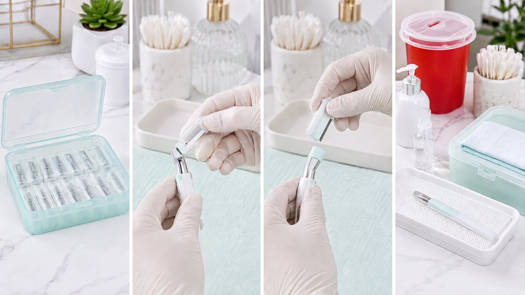 Flujo de trabajo del servicio de mango de dermaplaning reutilizable con recargas de cuchilla facial protegidas para un solo cliente