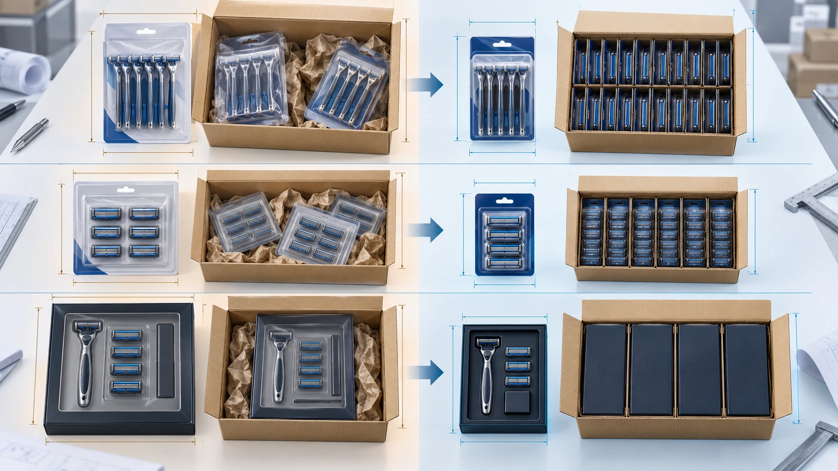 Packaging cube optimization for disposable razors system refills and gift sets