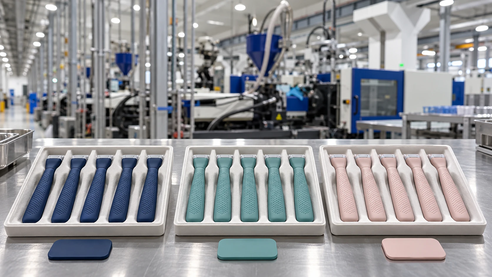 Handle color assortment arranged for coordinated razor molding batches