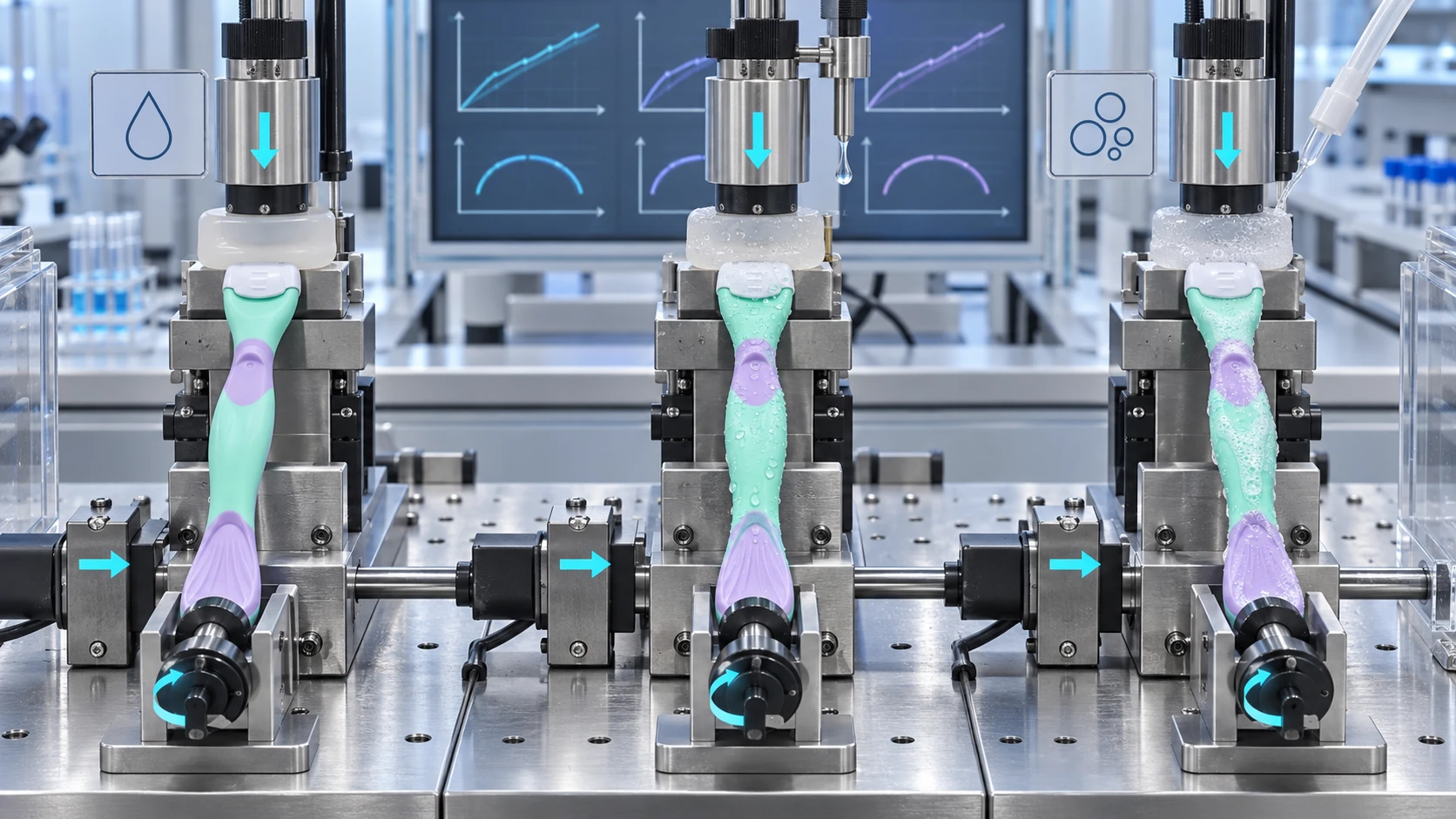 Razor wet grip test fixture comparing dry water-wet and soap-contaminated handle friction
