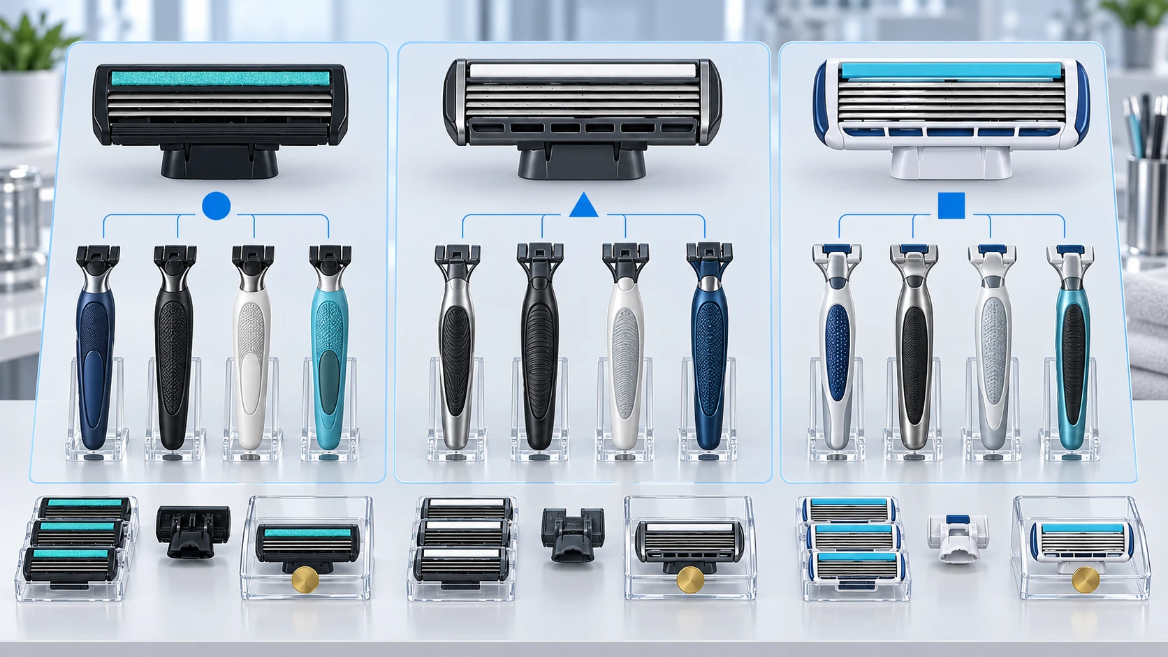 Shared razor platform with customizable handle and color variants