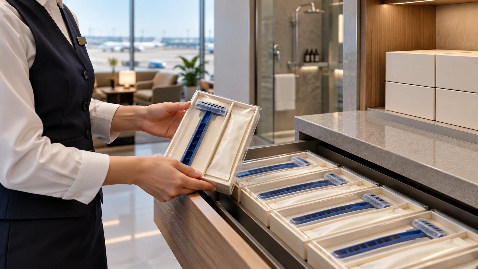 Individually packaged airport amenity razor kits organized for lounge replenishment