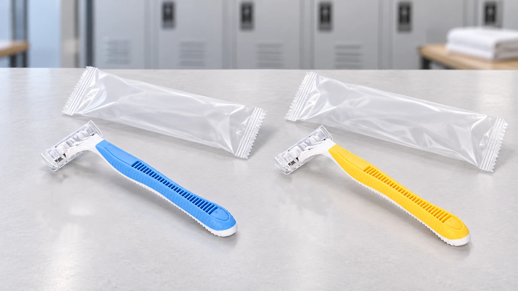 Two- and three-blade fitness club razor options with rubber grips and protective packaging