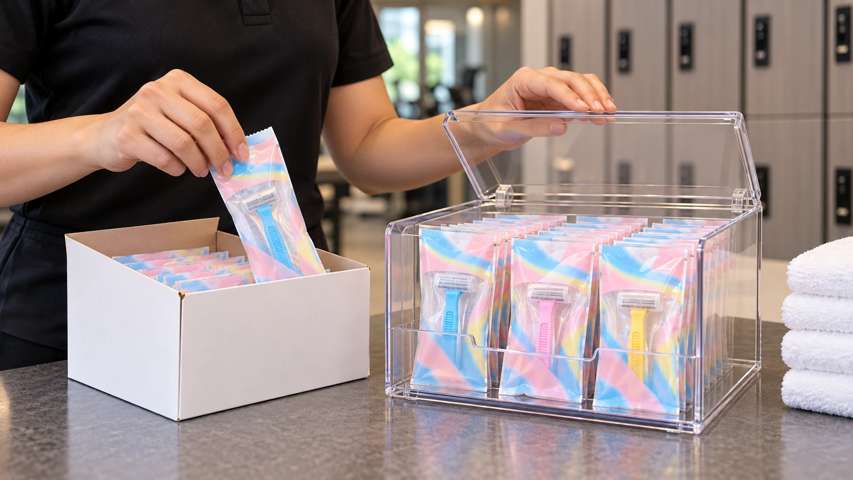 Individually packed locker room shaving kits in a protected dispenser during restocking