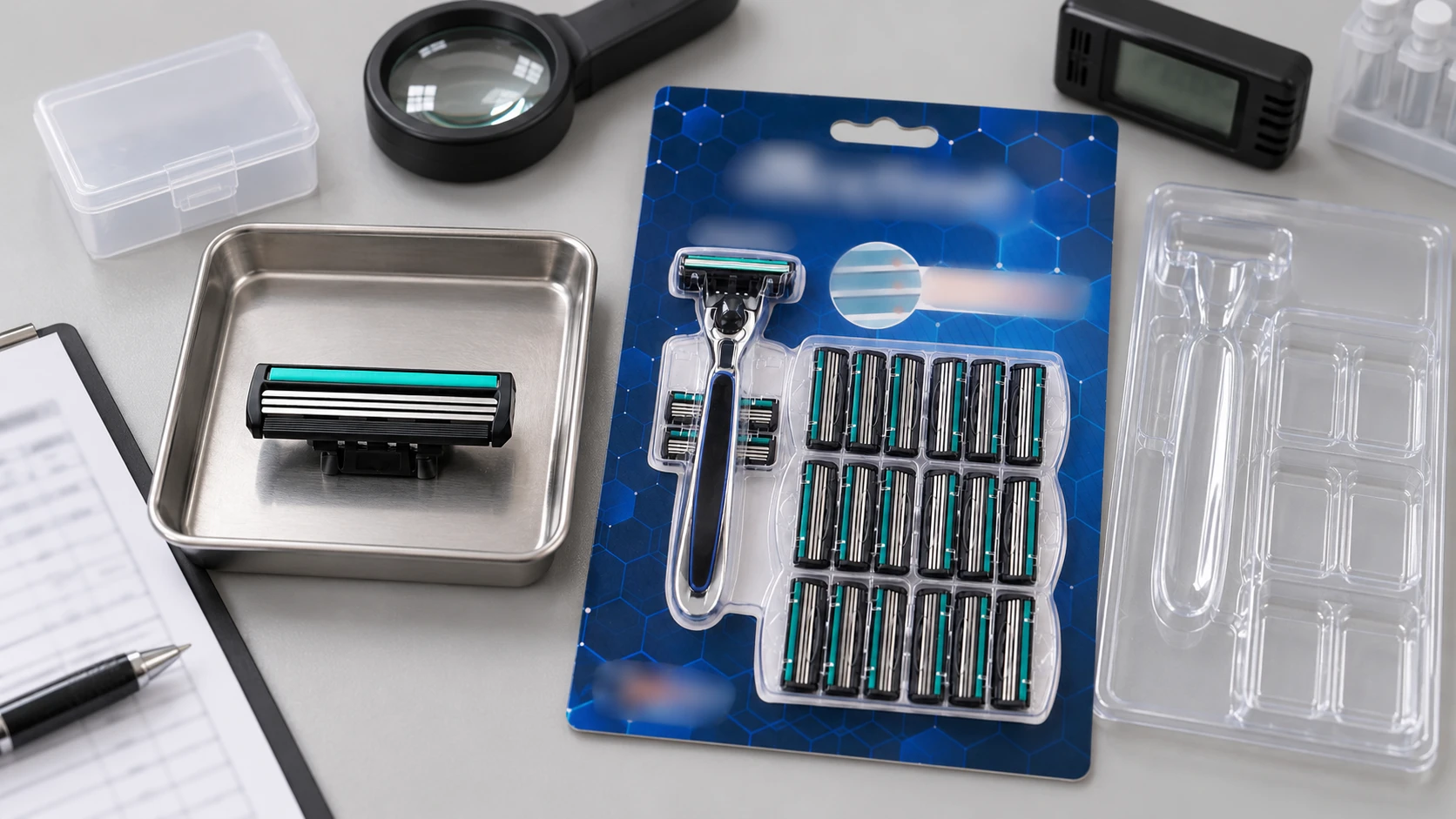 Lubricating strip storage review with razor cartridges, protective packaging and environmental records