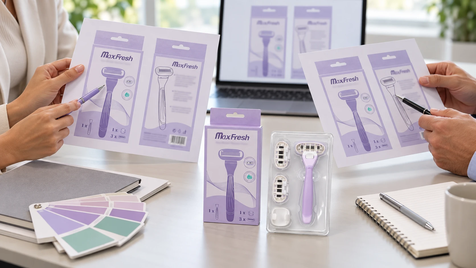 Multilingual razor packaging proofs reviewed alongside a finished retail box
