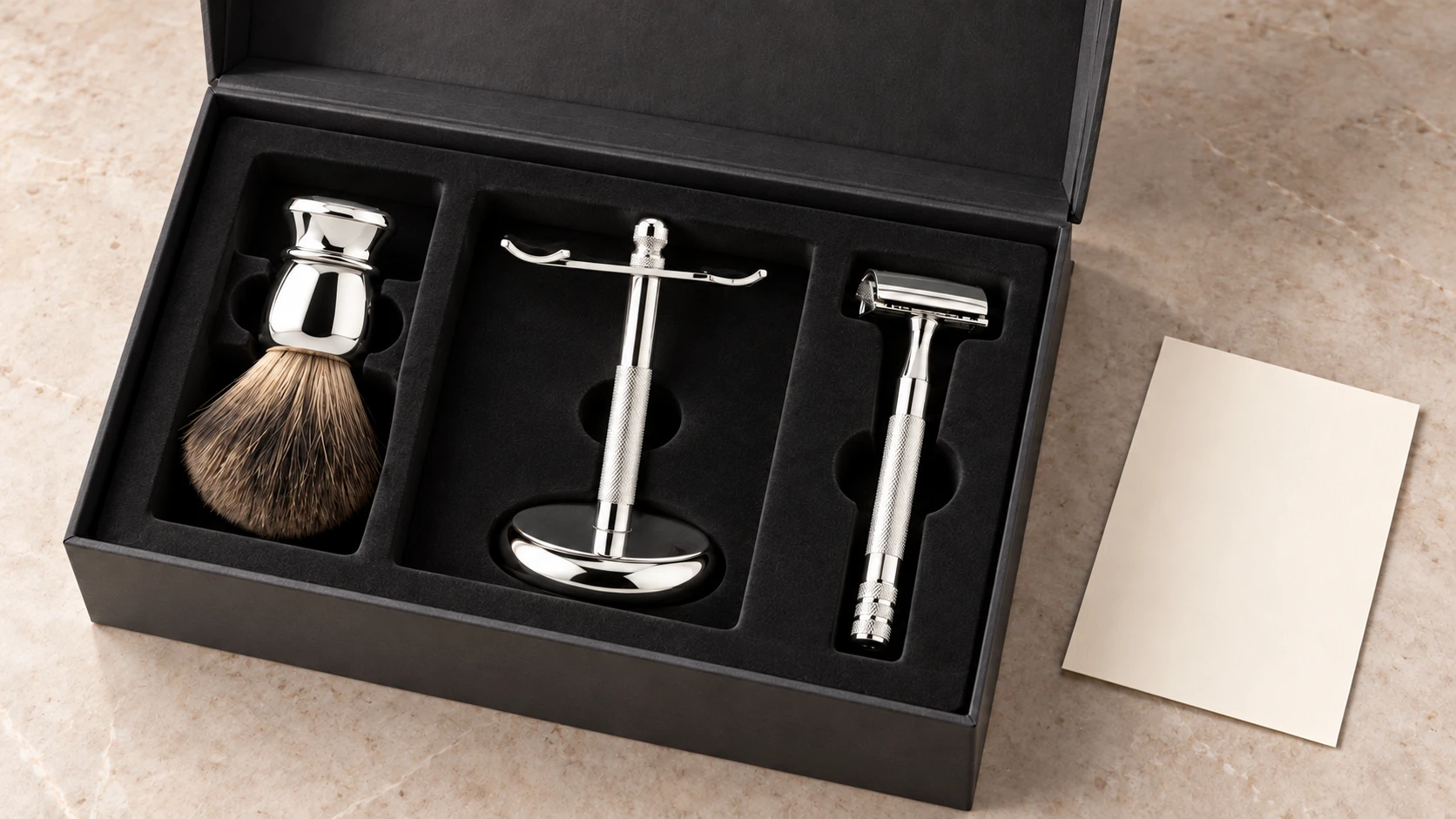 OEM shaving kit with separate protective insert positions for razor brush and stand