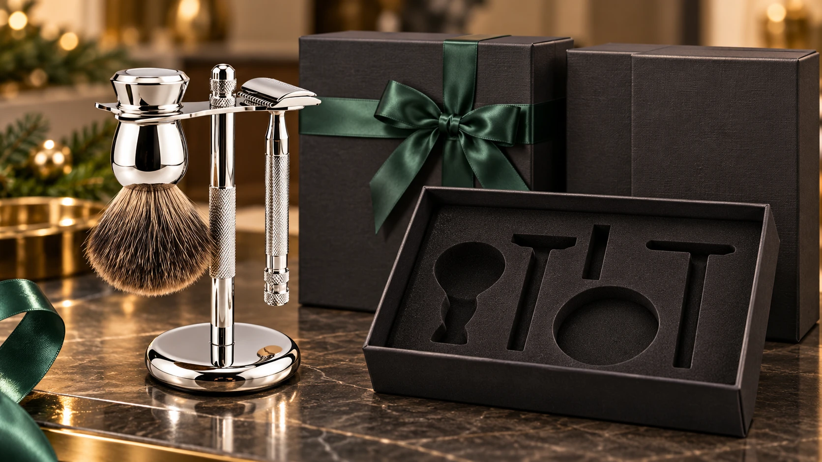 Premium men's grooming set with safety razor brush and stand in holiday retail packaging