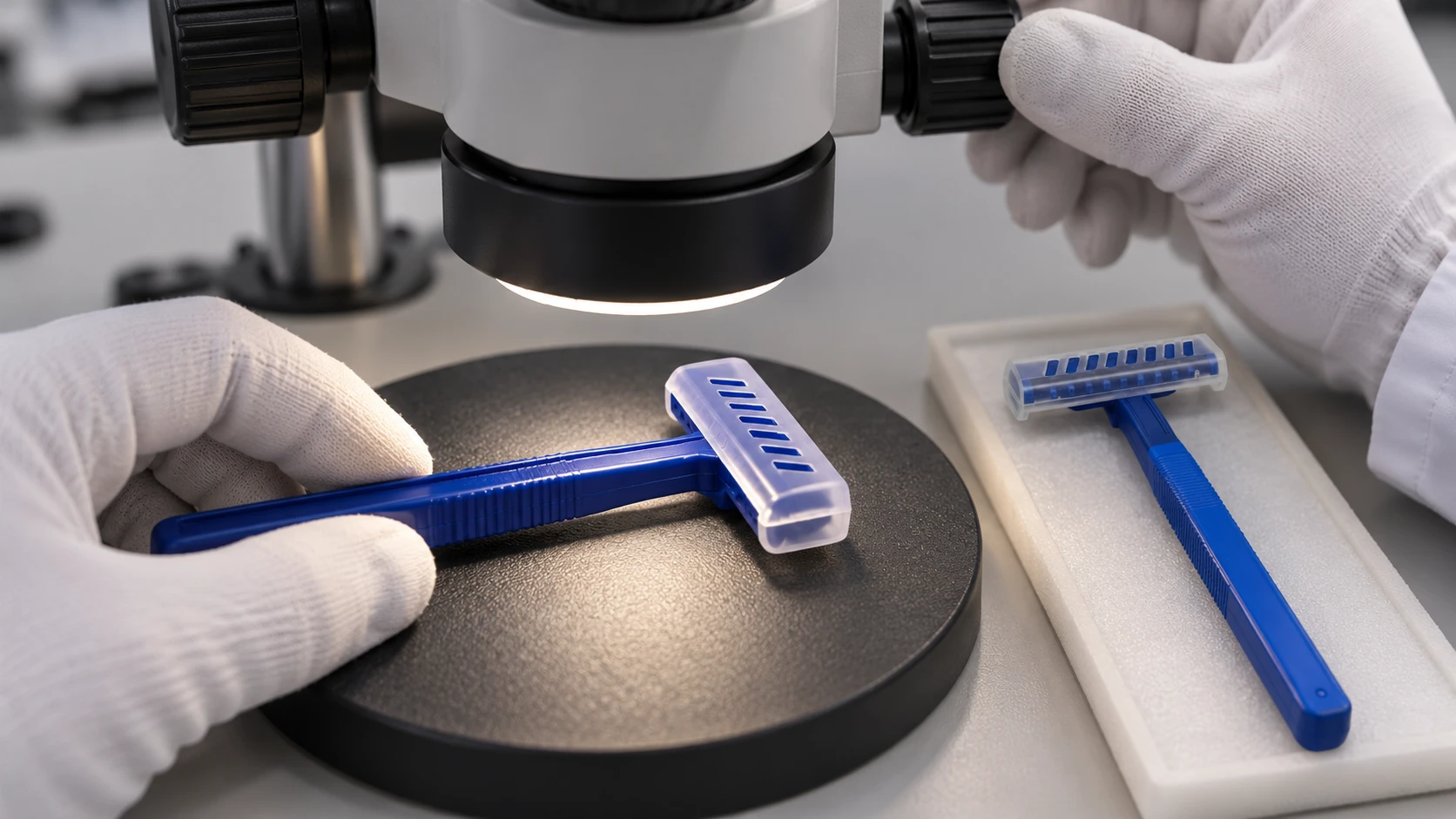 Inspection of razor handle flash and short-shot features on molded razor components