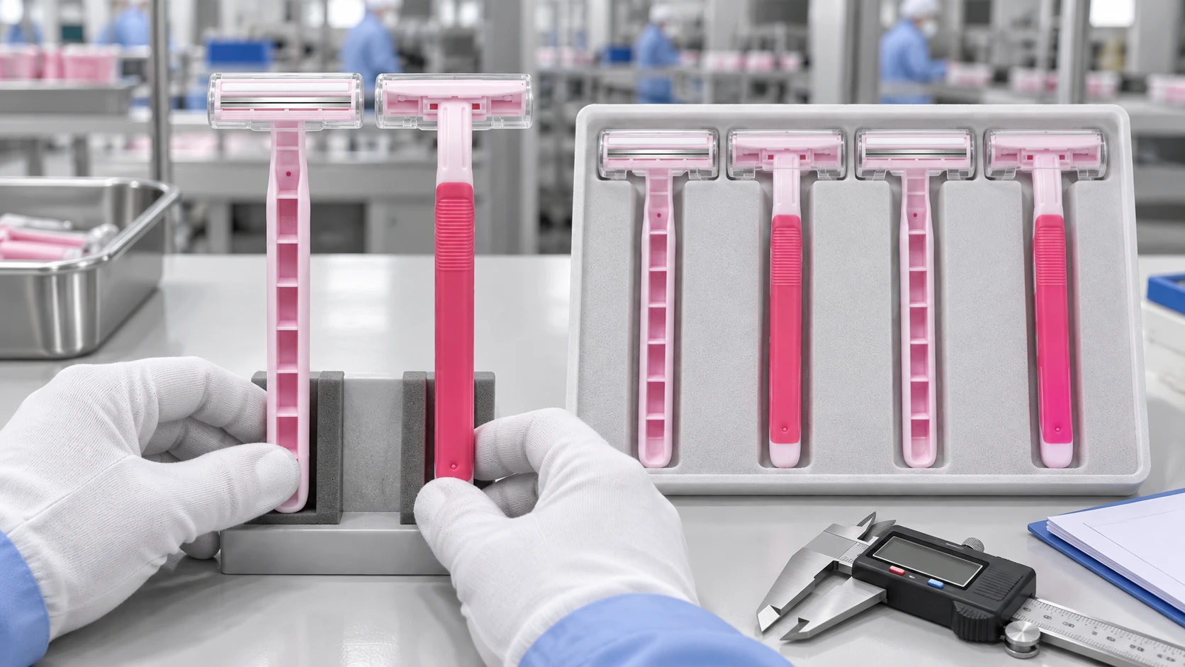 Razor pilot production samples compared with an approved reference at a quality inspection station
