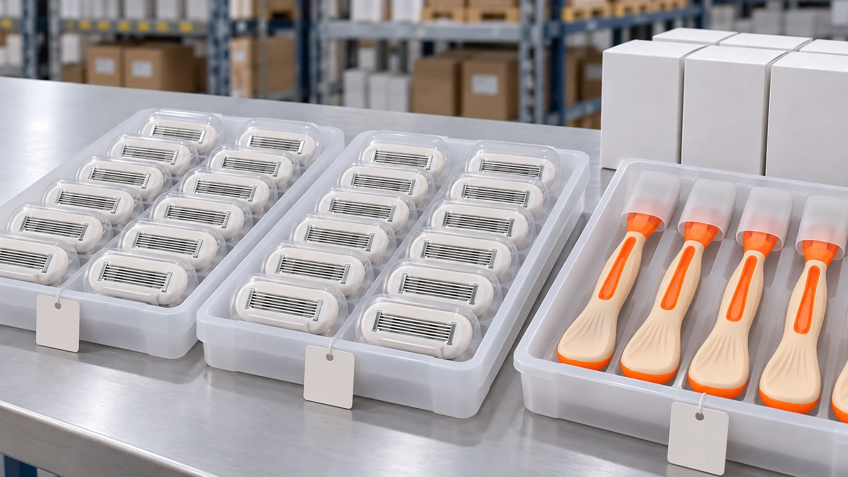 Razor safety stock with protected replacement cartridges and organized handle inventory